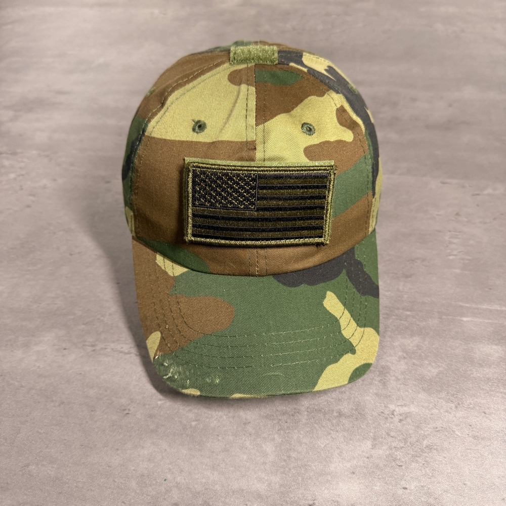 Rothco Tactical Cap Men OSFA Woodland Camo USA Flag Patch Adjustable‎ Hat Army